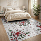 Red Ornate Red Poinsettia Floral Area Rug