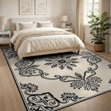 Ornate Beige Persian Area Rug with Black Floral Medallion