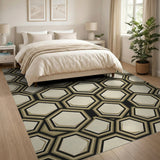Gold and Silver Black Gold Hexagon Geometric Area Rug