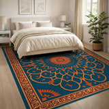 Teal Persian Medallion Area Rug with Orange Accents