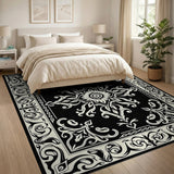 Elegant Black White Persian Floral Medallion Rug