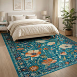 Teal Persian Floral Area Rug with Coral Poppies