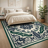 Teal Border Navy Floral Persian Area Rug