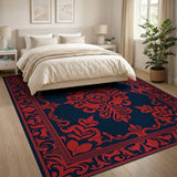 Red Ornate Border Navy Area Rug