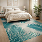 Teal Palm Frond Coastal Beach Area Rug