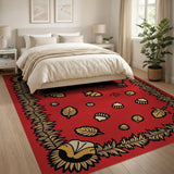 Vibrant Red Acorn Bee Sunflower Pattern Rug