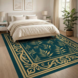 Teal Fern Leaf Area Rug with Ornate Gold Border