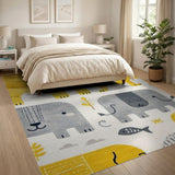Playful Yellow Lion Elephant Cartoon Kids Rug