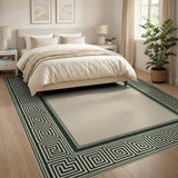 Greek Key Green Border Beige Area Rug