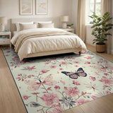 Pink Butterfly Floral Embroidered Area Rug
