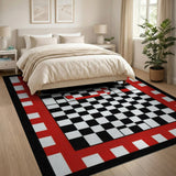 Black White Chessboard Rug with Red Border