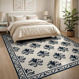Elegant Black Damask Floral Area Rug on Beige
