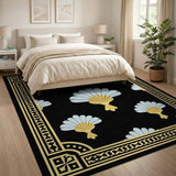 Ornate Black Seashell Rug with Gold Frame