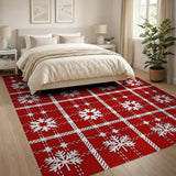 Red Festive Red Plaid Snowflakes Area Rug