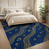 Navy Blue Music Notes Area Rug with Golden Waves