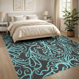 Teal Damask Floral Area Rug on Gray