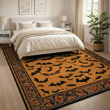 Orange Halloween Bats Area Rug with Ornate Borders