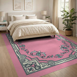 Pink Teal Floral Baroque Border Rug