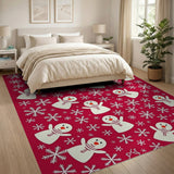 Kids Cartoon Festive Snowmen Snowflakes Red Area Rug