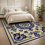 Beige and Neutral Navy Blue Ornate Floral Medallion Rug