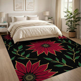 Red Red Poinsettia Floral Area Rug on Black