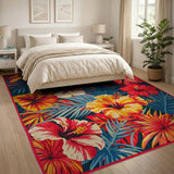 Vibrant Hibiscus Palm Leaf Area Rug