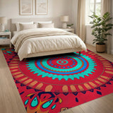 Vibrant Red Teal Mandala Tribal Rug
