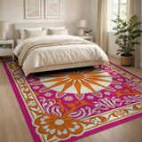 Pink Sunburst Daisy Area Rug with Ornate Floral Borders
