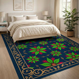 Ornate Poinsettia Floral Area Rug in Navy with Gold Border