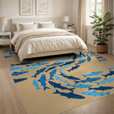Swirling Blue Fish School Area Rug