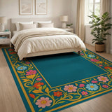 Ornate Floral Gold Border Teal Area Rug