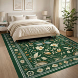 Emerald Green Botanical Floral Rug with Butterflies