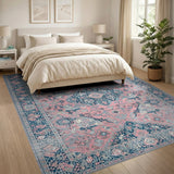 Pink Blush Pink Persian Area Rug with Navy Borders