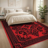 Elegant Red Damask Area Rug with Black Ornate Florals