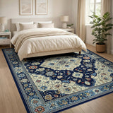 Navy Blue Traditional Persian Area Rug with Ivory Florals