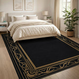 Vintage Black & Gold Ornate Border Washable Area Rug, Low Pile & Non-Slip