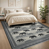 Black and White Tribal Elephant Silhouette Area Rug