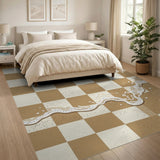 Tan Checkered Gingham Rug with Cream Wave Splash