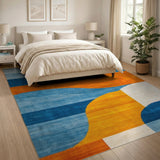 Abstract Curved Geometric Blue Orange Area Rug