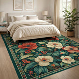 Emerald Green Red Poppy Floral Area Rug
