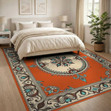 Vibrant Orange Persian Area Rug with Teal Fleur-de-Lis Border