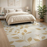 Beige and Neutral Elegant Gold Leaf Beige Area Rug