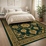Ornate Gold Sunflower Emerald Green Area Rug