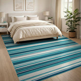 Blue Teal Striped Coastal Beach Rug
