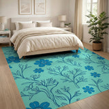 Teal Blue Floral Outline Area Rug