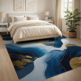 Washable Modern Fluid Art Navy Blue and Gold Low Pile Area Rug