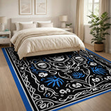 Ornate Triple Skull Vine Blue Area Rug