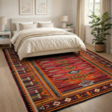 Vibrant Red Orange Heritage Tribal Kilim Rug