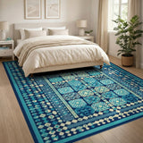 Blue and Teal Teal Navy Geometric Modern Area Rug