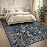 Navy Blue Persian Floral Area Rug with Orange Accents